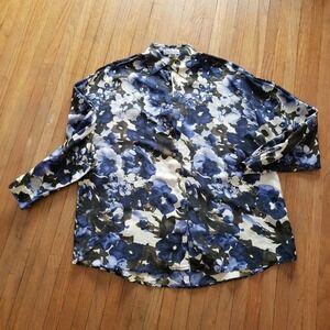 Vintage Express Oversized Silk Floral Blouse • Retro • Blue & White • Medium